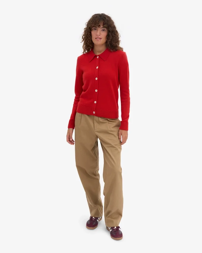 Cárdigan de cuello de lana merina para mujer - Rojo mandarina