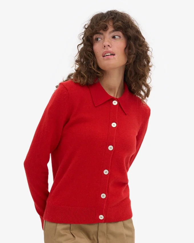 Cárdigan de cuello de lana merina para mujer - Rojo mandarina
