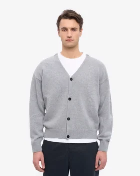 Cárdigan de cuello en V de lana merina – Gris jaspeado