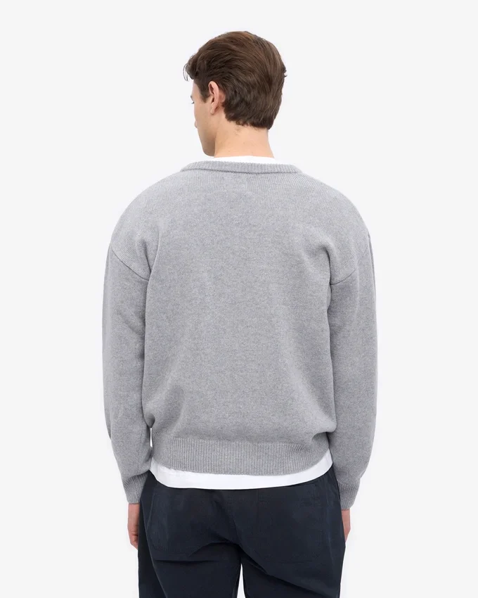 Cárdigan de cuello en V de lana merina - Gris jaspeado