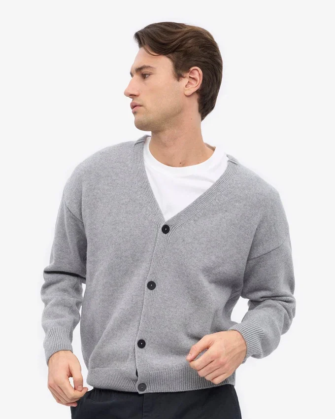 Cárdigan de cuello en V de lana merina - Gris jaspeado