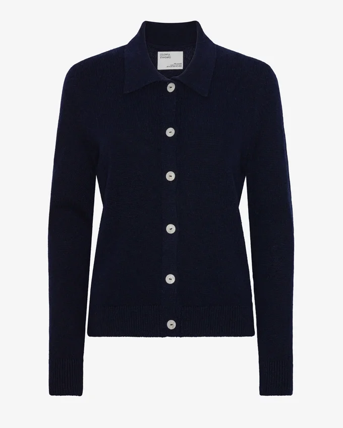 Cárdigan de lana merina con cuello para mujer - Azul marino