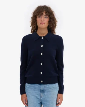 Cárdigan de lana merina con cuello para mujer – Azul marino