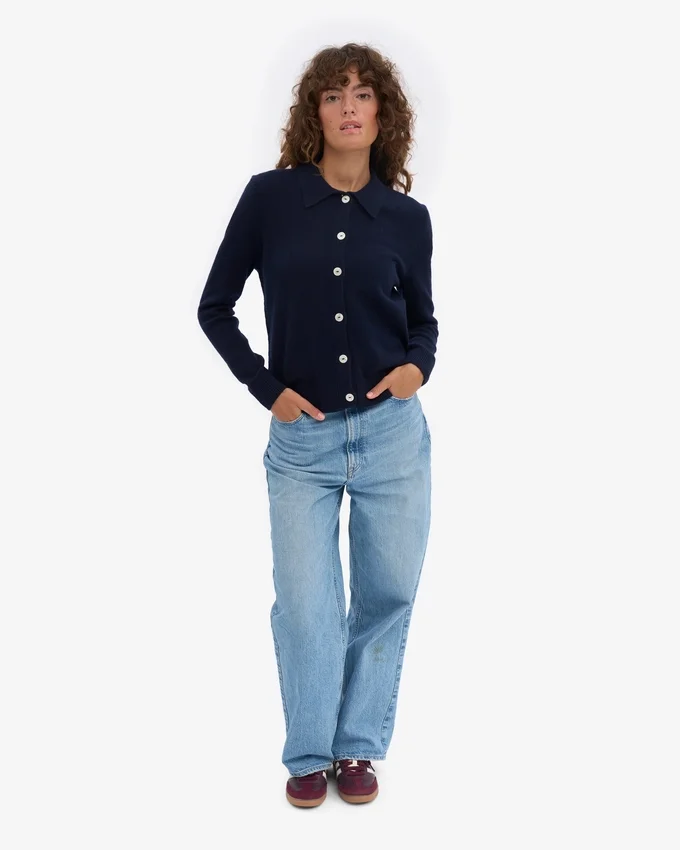 Cárdigan de lana merina con cuello para mujer - Azul marino