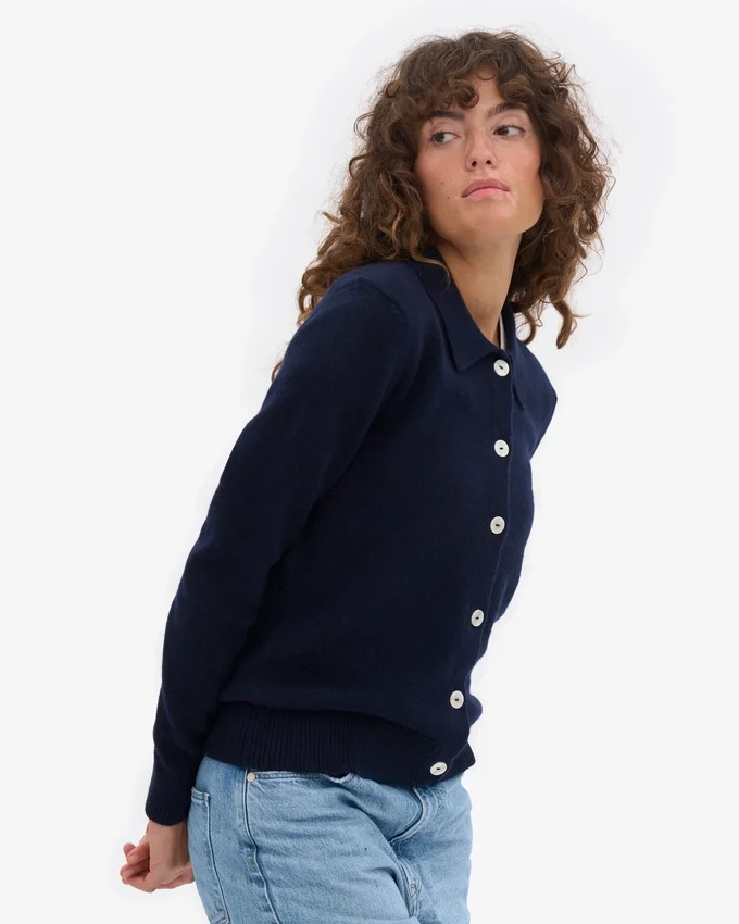 Cárdigan de lana merina con cuello para mujer - Azul marino