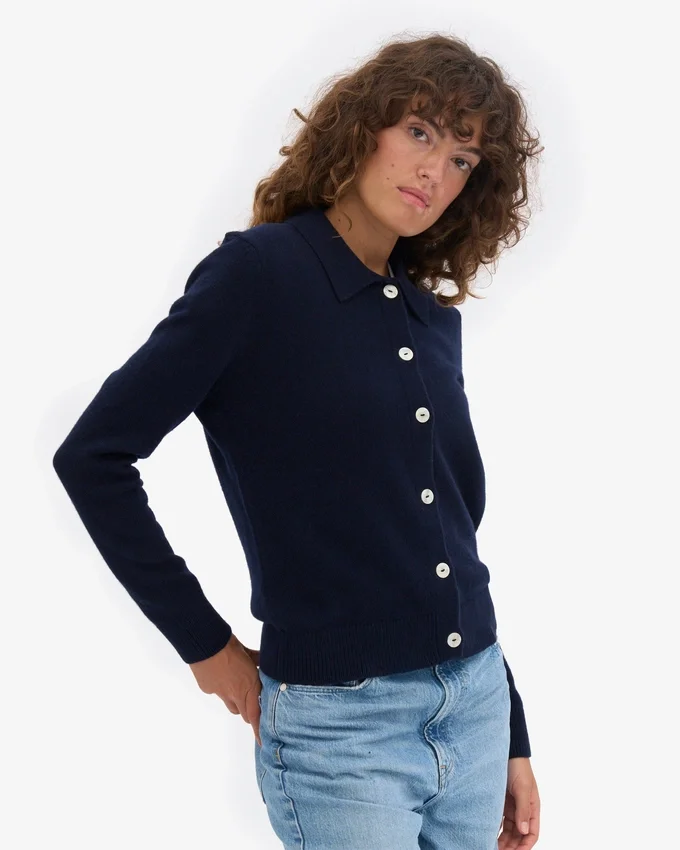 Cárdigan de lana merina con cuello para mujer - Azul marino