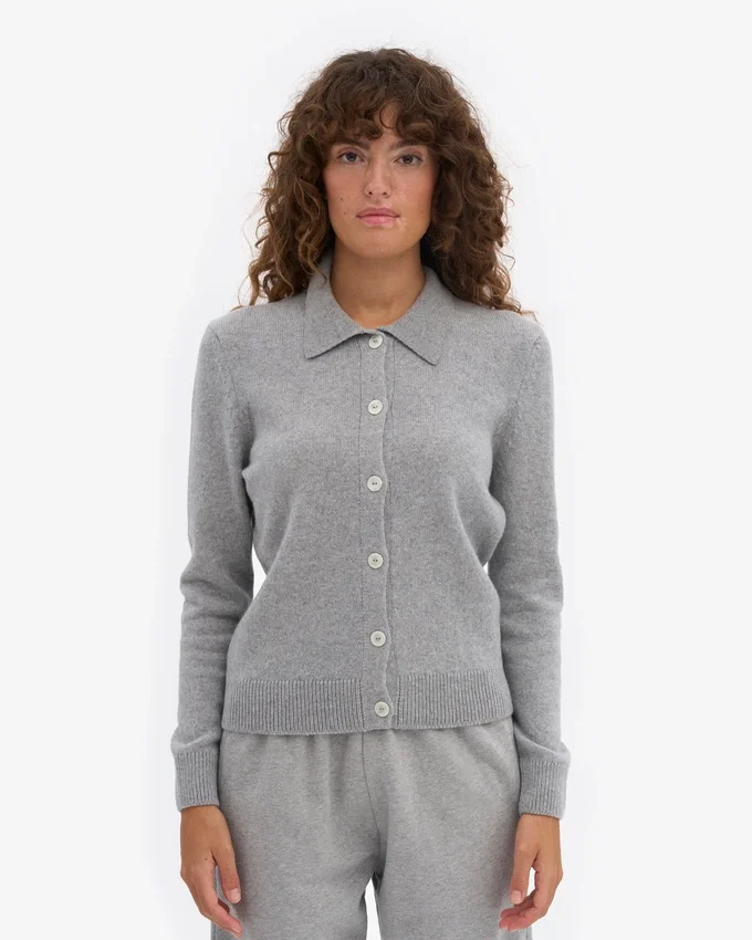 Cárdigan de lana merina con cuello para mujer - Gris jaspeado