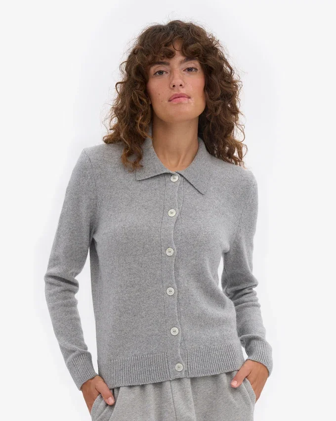 Cárdigan de lana merina con cuello para mujer - Gris jaspeado