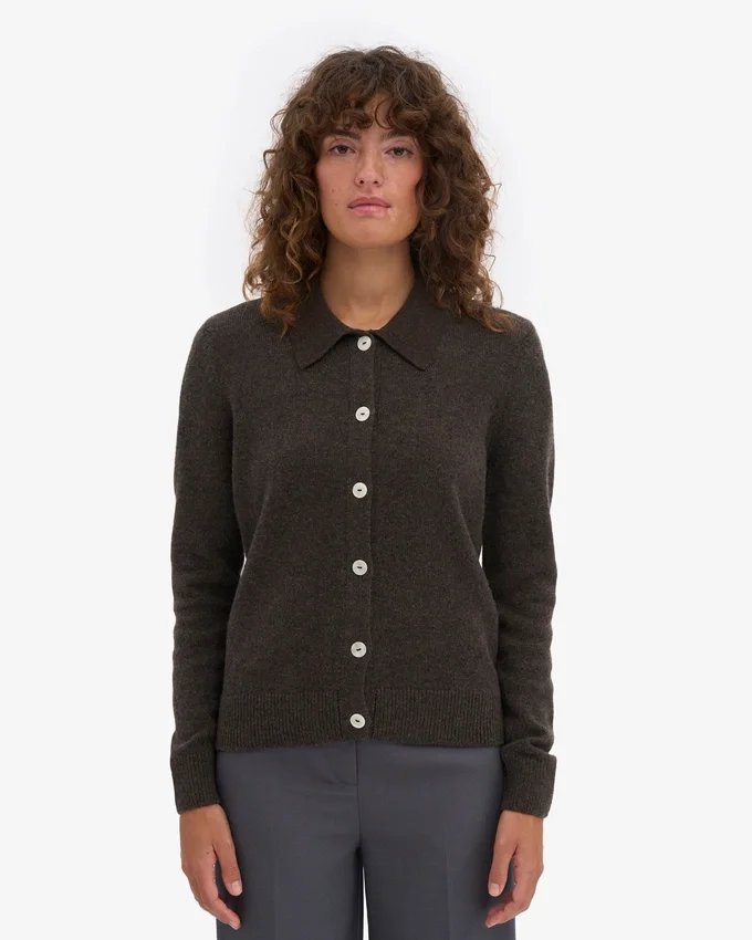 Cárdigan de lana merina con cuello para mujer - Marrón café