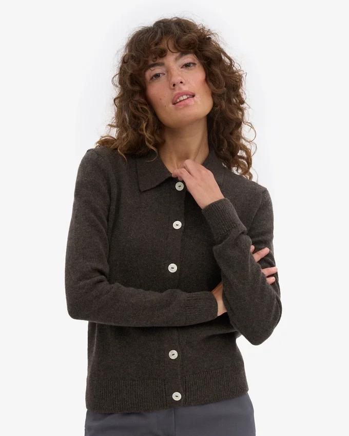 Cárdigan de lana merina con cuello para mujer - Marrón café