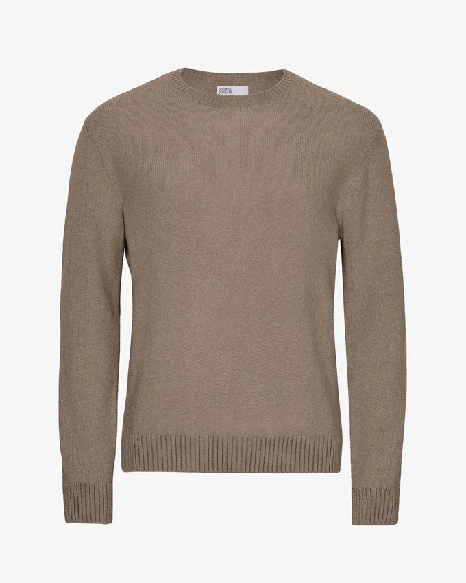 Jersey clásico de cuello redondo de lana merina - Gris topo cálido