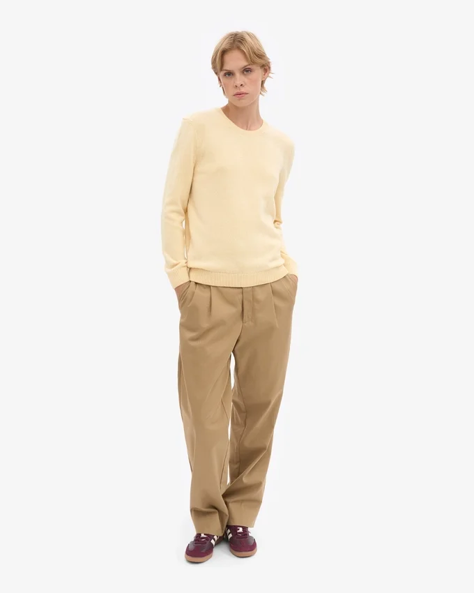 Jersey clásico de cuello redondo de lana merina para mujer - Amarillo suave