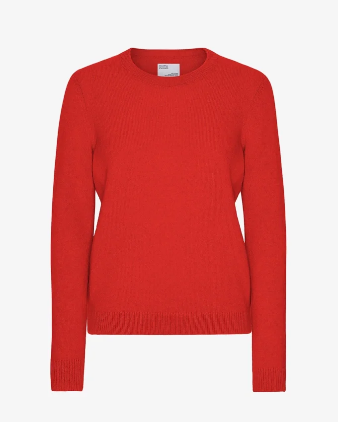 Jersey clásico de cuello redondo de lana merina para mujer - Rojo mandarina