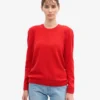 Jersey clásico de cuello redondo de lana merina para mujer - Rojo mandarina