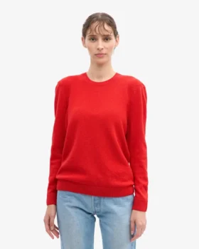 Jersey clásico de cuello redondo de lana merina para mujer – Rojo mandarina