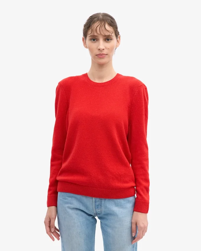 Jersey clásico de cuello redondo de lana merina para mujer - Rojo mandarina