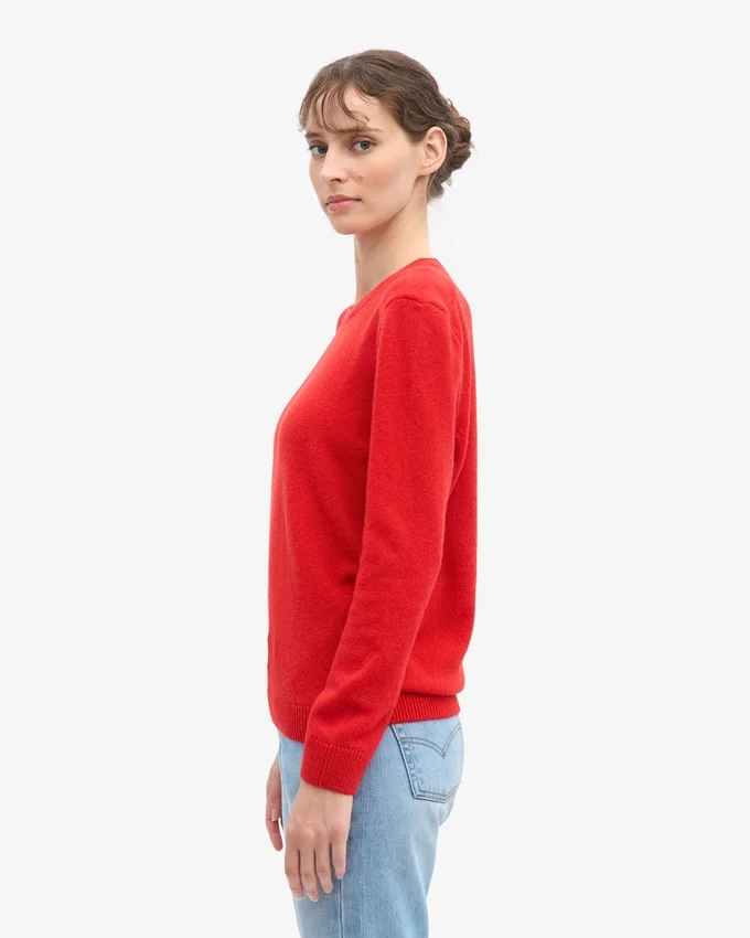 Jersey clásico de cuello redondo de lana merina para mujer - Rojo mandarina