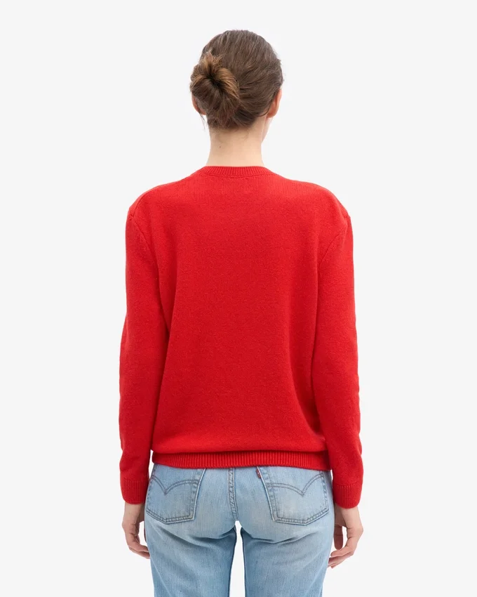 Jersey clásico de cuello redondo de lana merina para mujer - Rojo mandarina