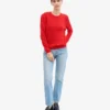 Jersey clásico de cuello redondo de lana merina para mujer - Rojo mandarina