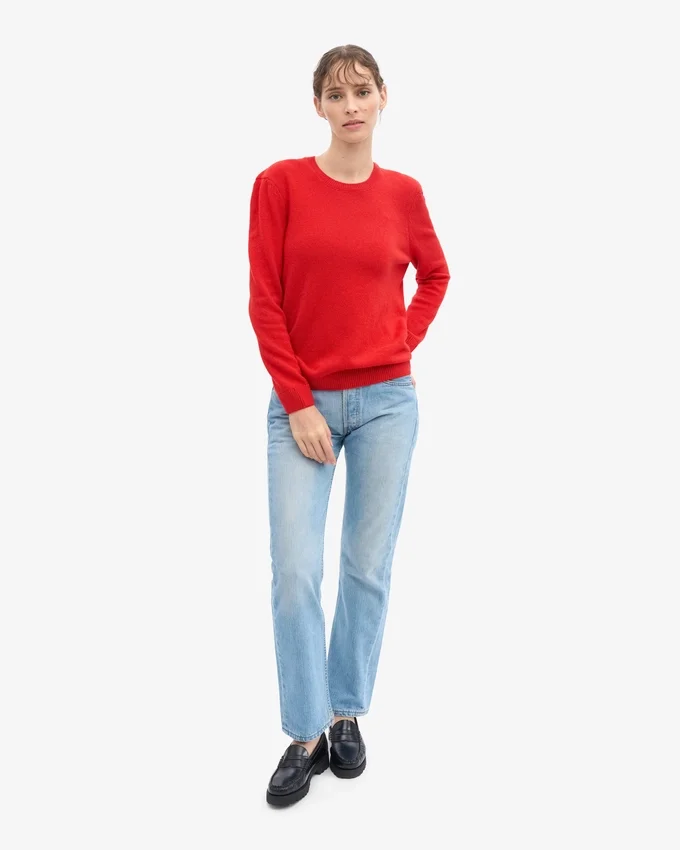 Jersey clásico de cuello redondo de lana merina para mujer - Rojo mandarina