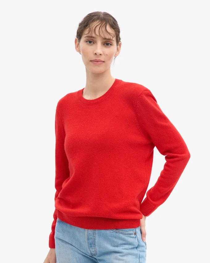 Jersey clásico de cuello redondo de lana merina para mujer - Rojo mandarina