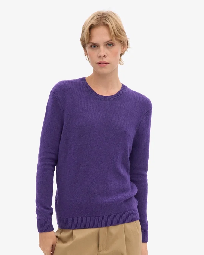 Jersey clásico de cuello redondo de lana merina para mujer - Violeta ultra