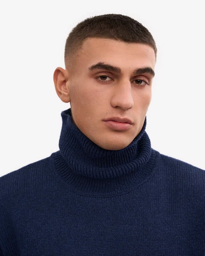 Jersey de cuello alto de lana merina - Azul marino