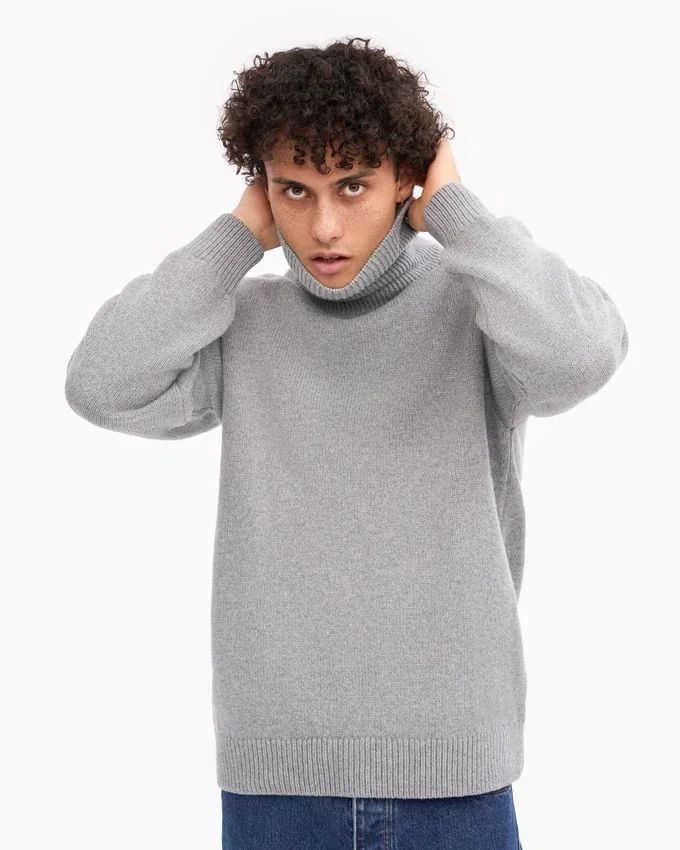 Jersey de cuello alto de lana merina - Gris jaspeado