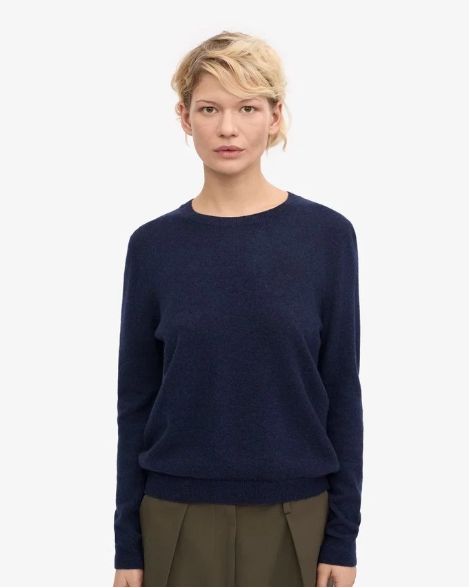 Jersey de cuello redondo de lana merina ligera para mujer - Azul marino