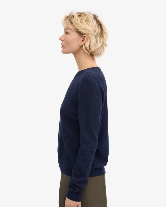 Jersey de cuello redondo de lana merina ligera para mujer - Azul marino
