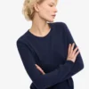 Jersey de cuello redondo de lana merina ligera para mujer - Azul marino