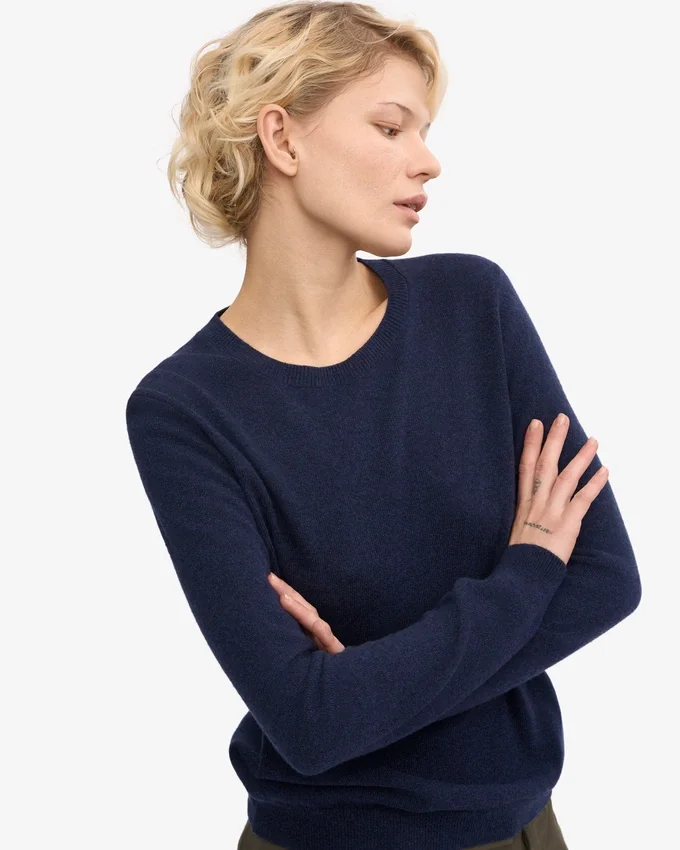 Jersey de cuello redondo de lana merina ligera para mujer - Azul marino