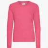Jersey de cuello redondo de lana merina ligera para mujer - Rosa chicle