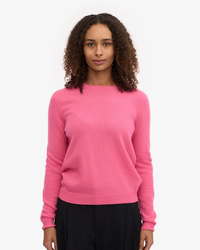 Jersey de cuello redondo de lana merina ligera para mujer - Rosa chicle