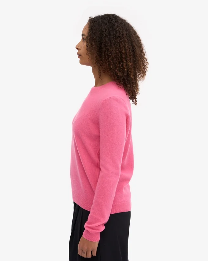 Jersey de cuello redondo de lana merina ligera para mujer - Rosa chicle