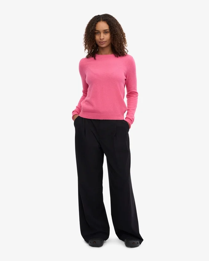 Jersey de cuello redondo de lana merina ligera para mujer - Rosa chicle