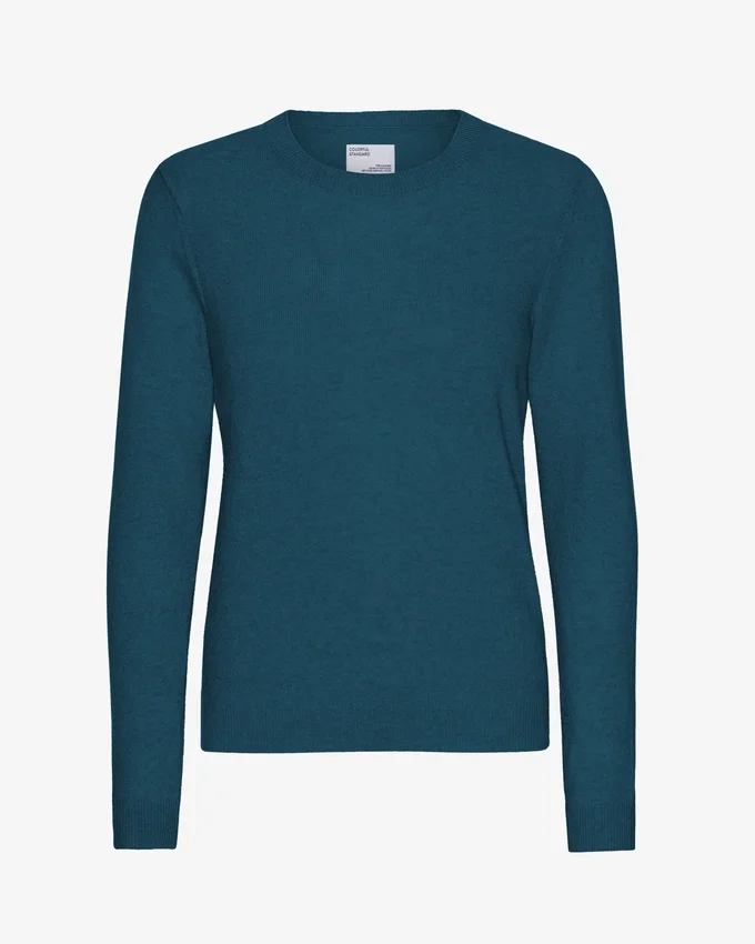 Jersey de cuello redondo de lana merina ligera para mujer - Verde océano