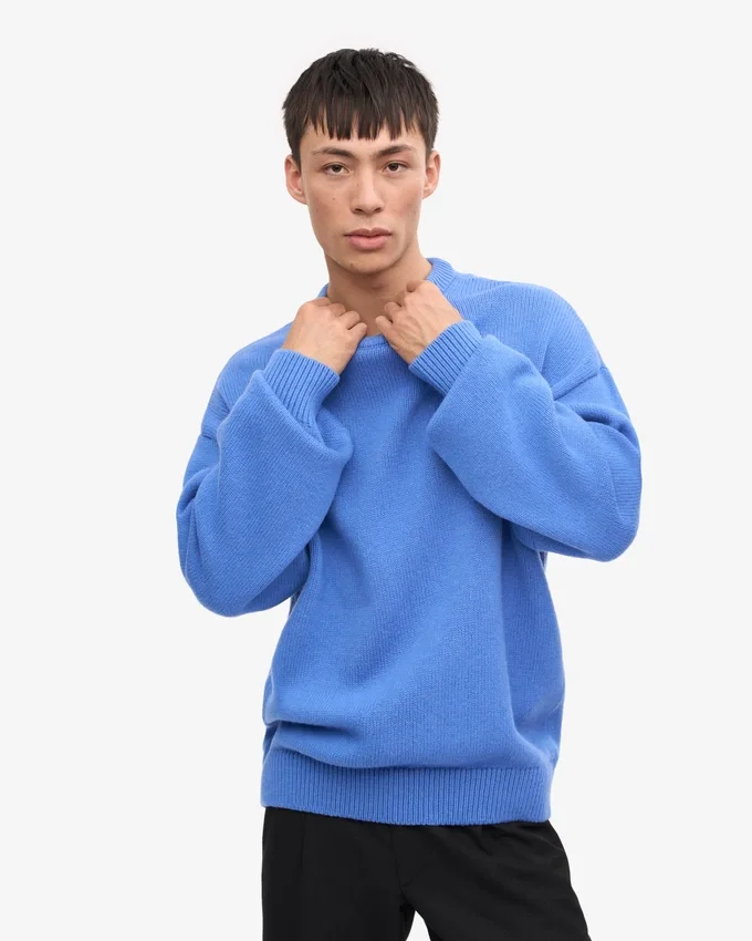 Jersey de cuello redondo oversize de lana merina - Azul Pacífico