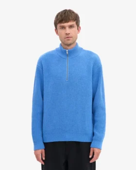 Jersey de lana merina con media cremallera – Azul Pacífico