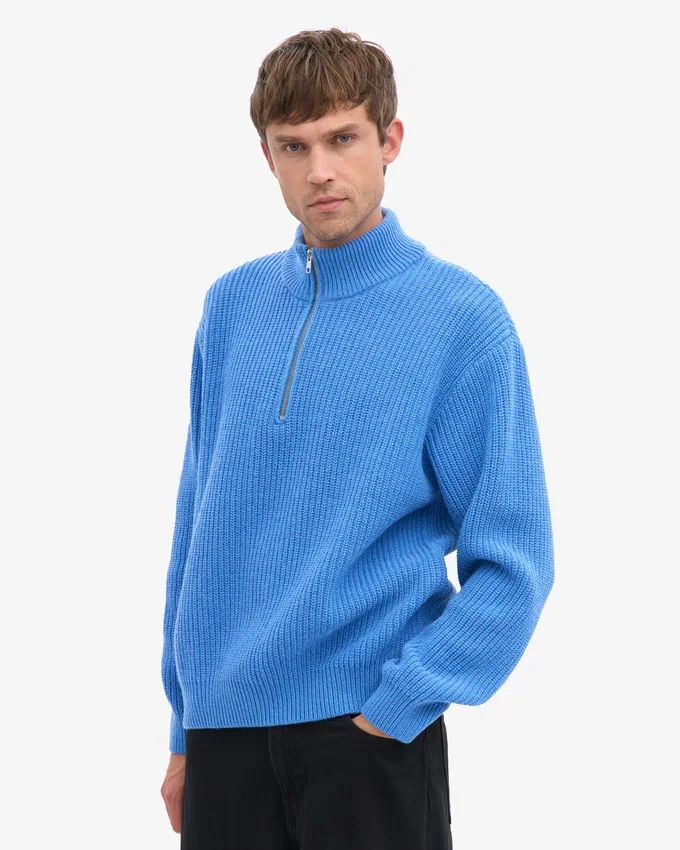 Jersey de lana merina con media cremallera - Azul Pacífico