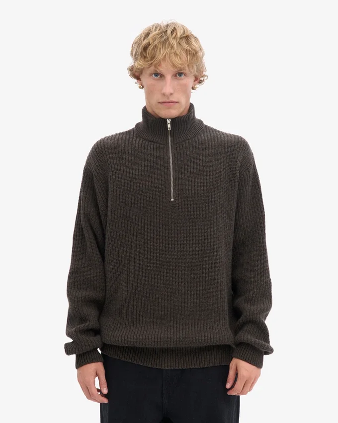 Jersey de merino con media cremallera - Marrón café