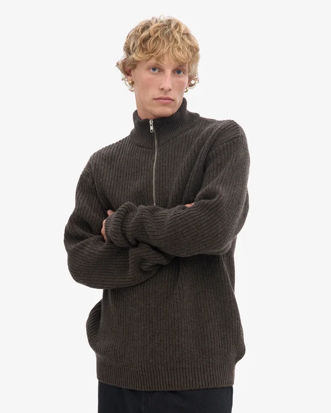 Jersey de merino con media cremallera - Marrón café