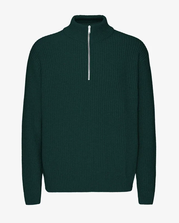 Jersey de merino con media cremallera - Verde esmeralda