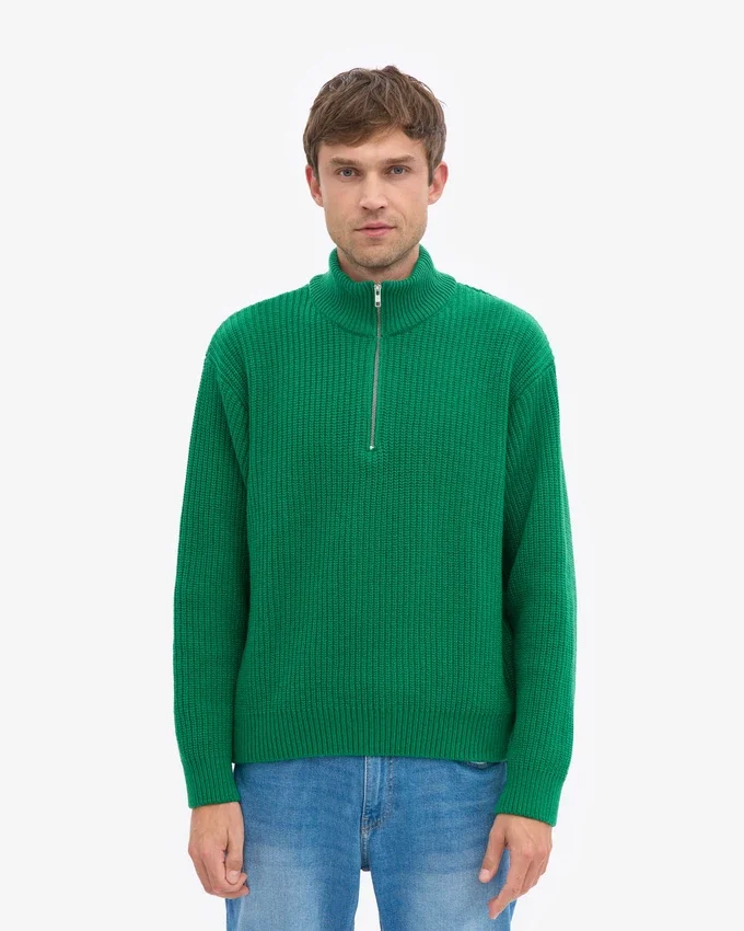 Jersey de merino con media cremallera - Verde Kelly