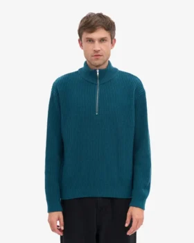 Jersey de merino con media cremallera – Verde océano