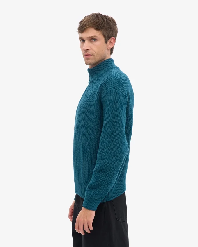 Jersey de merino con media cremallera - Verde océano