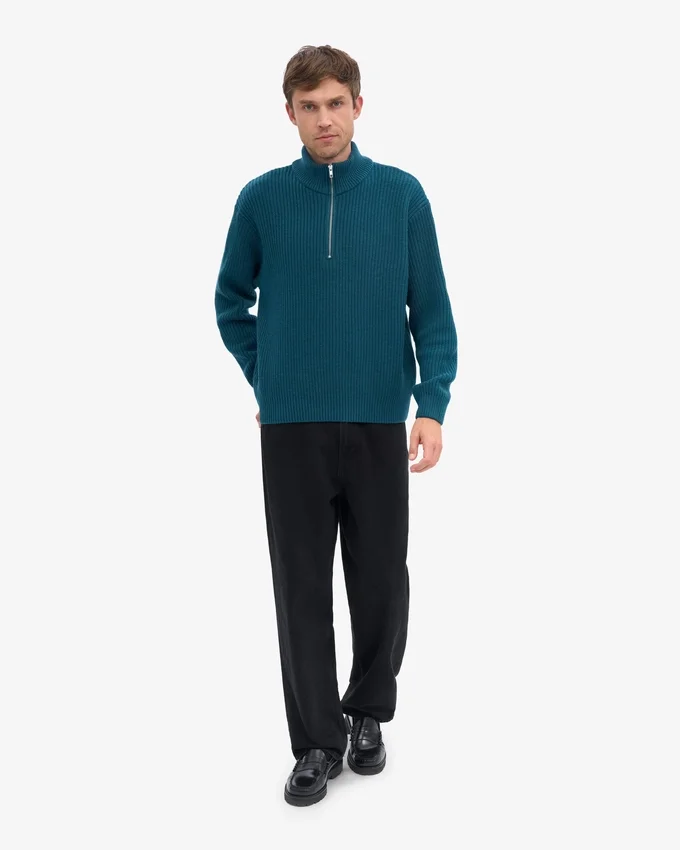 Jersey de merino con media cremallera - Verde océano