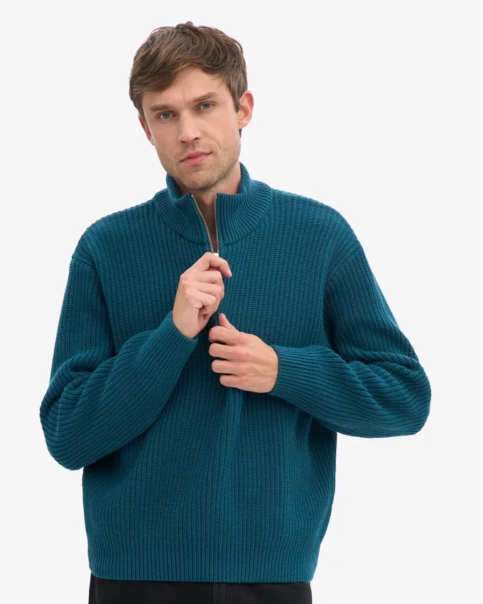 Jersey de merino con media cremallera - Verde océano
