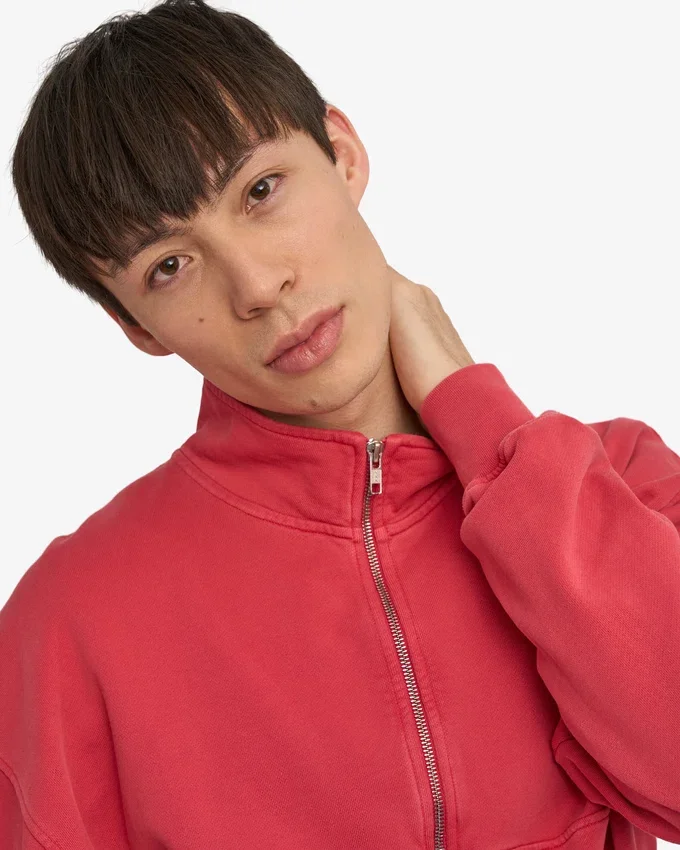 Jersey orgánico con jerséu de media cremallera - Rojo descolorido
