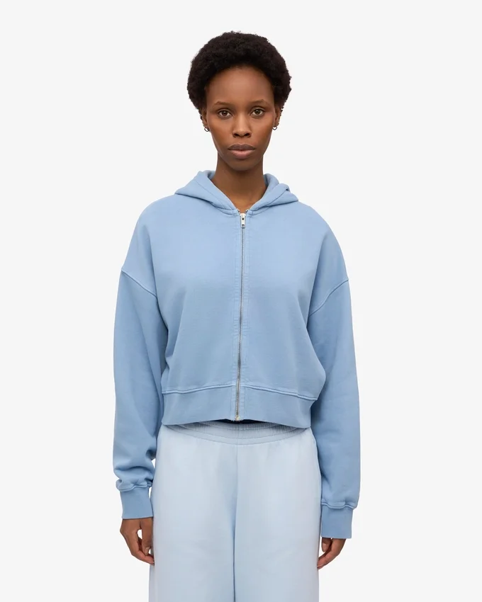 Sudadera con capucha corta y cremallera de algodón orgánico - Azul mar
